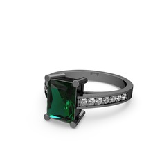 Marvina Dikdörtgen Tektaş Yüzük - Yeşil kuvars ve pırlanta 925 ayar siyah rodyum kaplama gümüş yüzük (0.21 karat) #73tpwn