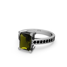 Marvina Dikdörtgen Tektaş Yüzük - Peridot ve siyah zirkon 18 ayar beyaz altın yüzük #epmcug