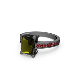 Marvina Dikdörtgen Tektaş Yüzük - Peridot ve garnet 925 ayar siyah rodyum kaplama gümüş yüzük #qe57df