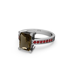 Marvina Dikdörtgen Tektaş Yüzük - Dumanlı kuvars ve garnet 14 ayar beyaz altın yüzük #ti2zbu