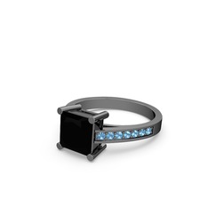Marvina Prenses Tektaş Yüzük - Siyah zirkon ve akuamarin 925 ayar siyah rodyum kaplama gümüş yüzük #12rmarp