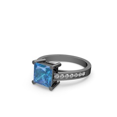 Marvina Prenses Tektaş Yüzük - Akuamarin ve pırlanta 925 ayar siyah rodyum kaplama gümüş yüzük (0.21 karat) #1dkb3ee