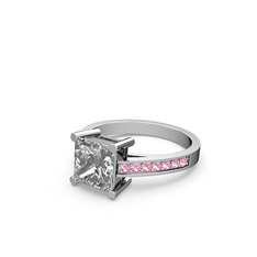 Marvina Prenses Tektaş Yüzük - Beyaz zirkon ve pembe kuvars 18 ayar beyaz altın yüzük #1ov4k67