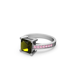 Peridot ve pembe kuvars 8 ayar beyaz altın yüzük