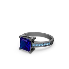 Lab safir ve akuamarin 925 ayar siyah rodyum kaplama gümüş yüzük