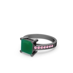 Marvina Prenses Tektaş Yüzük - Kök zümrüt ve pembe kuvars 925 ayar siyah rodyum kaplama gümüş yüzük #ng3wj9