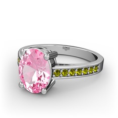 Pembe kuvars ve peridot 8 ayar beyaz altın yüzük