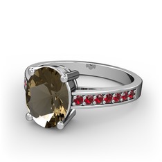 Dumanlı kuvars ve garnet 8 ayar beyaz altın yüzük