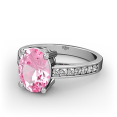 Marvina Tektaş Yüzük - Pembe kuvars ve pırlanta 14 ayar beyaz altın yüzük (0.21 karat) #1vmmedo