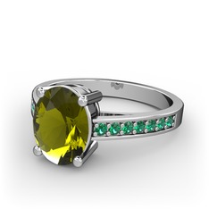 Peridot ve yeşil kuvars 14 ayar beyaz altın yüzük