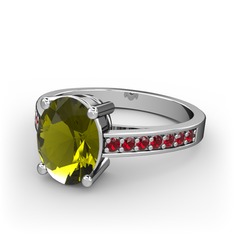 Marvina Tektaş Yüzük - Peridot ve garnet 18 ayar beyaz altın yüzük #g57wek