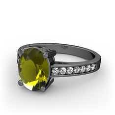 Peridot ve pırlanta 925 ayar siyah rodyum kaplama gümüş yüzük (0.21 karat)
