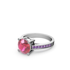 Marvina Yuvarlak Tektaş Yüzük - Pembe kuvars ve ametist 14 ayar beyaz altın yüzük #11fe14l