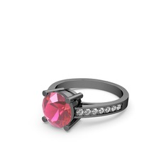Marvina Yuvarlak Tektaş Yüzük - Pembe kuvars ve beyaz zirkon 925 ayar siyah rodyum kaplama gümüş yüzük #12jt081