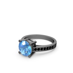 Marvina Yuvarlak Tektaş Yüzük - Akuamarin ve siyah zirkon 925 ayar siyah rodyum kaplama gümüş yüzük #14hvfnh