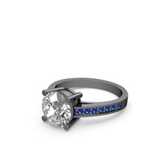 Marvina Yuvarlak Tektaş Yüzük - Swarovski ve lab safir 925 ayar siyah rodyum kaplama gümüş yüzük #14udvsi