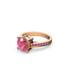 Marvina Yuvarlak Tektaş Yüzük - Pembe kuvars ve ametist 925 ayar rose altın kaplama gümüş yüzük #15p65b3