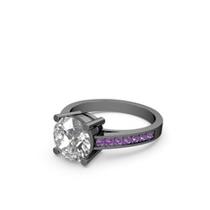 Marvina Yuvarlak Tektaş Yüzük - Swarovski ve ametist 925 ayar siyah rodyum kaplama gümüş yüzük #1hjqug3