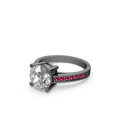 Marvina Yuvarlak Tektaş Yüzük - Swarovski ve rodolit garnet 925 ayar siyah rodyum kaplama gümüş yüzük #1iu1xac