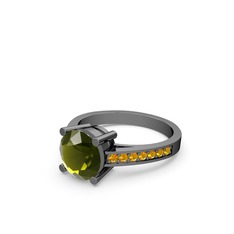 Marvina Yuvarlak Tektaş Yüzük - Peridot ve sitrin 925 ayar siyah rodyum kaplama gümüş yüzük #1mgetrz