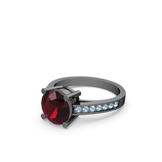 Marvina Yuvarlak Tektaş Yüzük - Rodolit garnet ve akuamarin 925 ayar siyah rodyum kaplama gümüş yüzük #1ticnd3