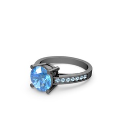 Marvina Yuvarlak Tektaş Yüzük - Akuamarin 925 ayar siyah rodyum kaplama gümüş yüzük #1vro5z1