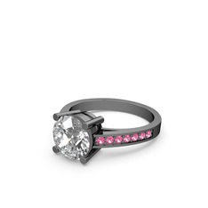 Marvina Yuvarlak Tektaş Yüzük - Swarovski ve pembe kuvars 925 ayar siyah rodyum kaplama gümüş yüzük #3y5wec
