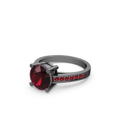 Marvina Yuvarlak Tektaş Yüzük - Rodolit garnet ve garnet 925 ayar siyah rodyum kaplama gümüş yüzük #5scjch