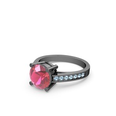 Marvina Yuvarlak Tektaş Yüzük - Pembe kuvars ve akuamarin 925 ayar siyah rodyum kaplama gümüş yüzük #6mhe6v