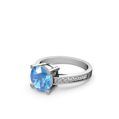 Marvina Yuvarlak Tektaş Yüzük - Akuamarin ve beyaz zirkon 14 ayar beyaz altın yüzük #719r5w