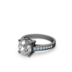 Marvina Yuvarlak Tektaş Yüzük - Swarovski ve akuamarin 925 ayar siyah rodyum kaplama gümüş yüzük #9b9yq6