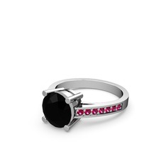 Marvina Yuvarlak Tektaş Yüzük - Siyah zirkon ve rodolit garnet 8 ayar beyaz altın yüzük #aw1529