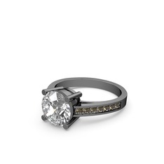 Marvina Yuvarlak Tektaş Yüzük - Swarovski ve dumanlı kuvars 925 ayar siyah rodyum kaplama gümüş yüzük #d0cljg