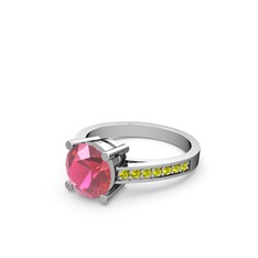 Marvina Yuvarlak Tektaş Yüzük - Pembe kuvars ve peridot 18 ayar beyaz altın yüzük #dx1uhj