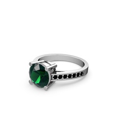 Marvina Yuvarlak Tektaş Yüzük - Yeşil kuvars ve siyah zirkon 14 ayar beyaz altın yüzük #icnzpn