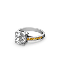 Marvina Yuvarlak Tektaş Yüzük - Swarovski ve sitrin 8 ayar beyaz altın yüzük #q1stau