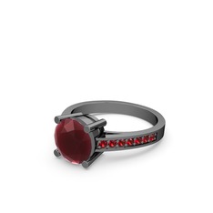 Marvina Yuvarlak Tektaş Yüzük - Kök yakut ve garnet 925 ayar siyah rodyum kaplama gümüş yüzük #rep7p7