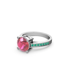 Marvina Yuvarlak Tektaş Yüzük - Pembe kuvars ve kök zümrüt 8 ayar beyaz altın yüzük #s14t02