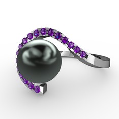 Siyah inci ve ametist 14 ayar beyaz altın yüzük