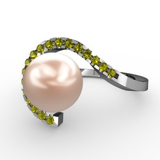 Heloise İnci Yüzük - Pembe inci ve peridot 18 ayar beyaz altın yüzük #8yid5z