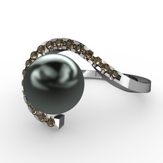 Siyah inci ve dumanlı kuvars 14 ayar beyaz altın yüzük