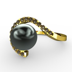 Siyah inci ve dumanlı kuvars 18 ayar altın yüzük