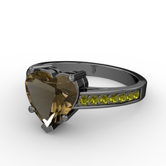 Lovie Kalp Tektaş Yüzük - Dumanlı kuvars ve peridot 925 ayar siyah rodyum kaplama gümüş yüzük #10ngju2
