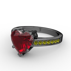 Lovie Kalp Tektaş Yüzük - Garnet ve peridot 925 ayar siyah rodyum kaplama gümüş yüzük #11e840d