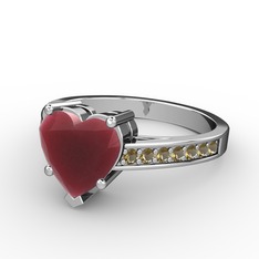 Lovie Kalp Tektaş Yüzük - Kök yakut ve dumanlı kuvars 8 ayar beyaz altın yüzük #1kov2hl