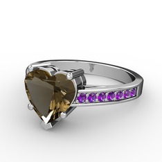 Lovie Kalp Tektaş Yüzük - Dumanlı kuvars ve ametist 8 ayar beyaz altın yüzük #1pu5vya