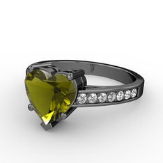 Lovie Kalp Tektaş Yüzük - Peridot ve pırlanta 925 ayar siyah rodyum kaplama gümüş yüzük (0.21 karat) #1rfzcfy