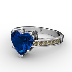 Lovie Kalp Tektaş Yüzük - Lab safir ve dumanlı kuvars 18 ayar beyaz altın yüzük #1v1edol