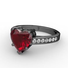 Lovie Kalp Tektaş Yüzük - Garnet ve beyaz zirkon 925 ayar siyah rodyum kaplama gümüş yüzük #1ysku9i