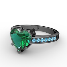 Lovie Kalp Tektaş Yüzük - Yeşil kuvars ve akuamarin 925 ayar siyah rodyum kaplama gümüş yüzük #2mtbj9